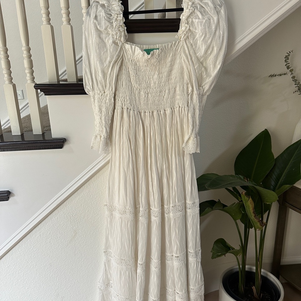 Cream Smocked Tiered Sundress with Puff Sleeves